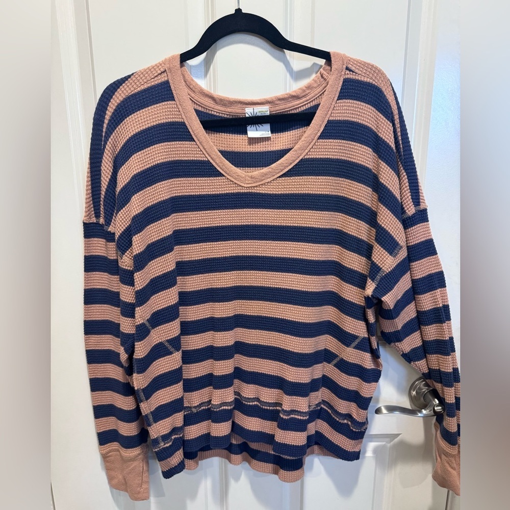 American eagle waffle knit top navy striped size Large